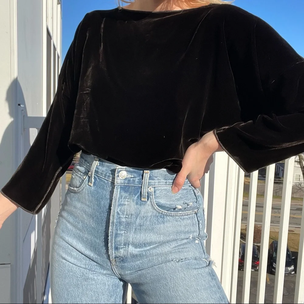 Zoran Velvet Top Vintage Silk Chocolate Brown Dolman Sleeve Boatneck Blouse - Picture 7 of 9